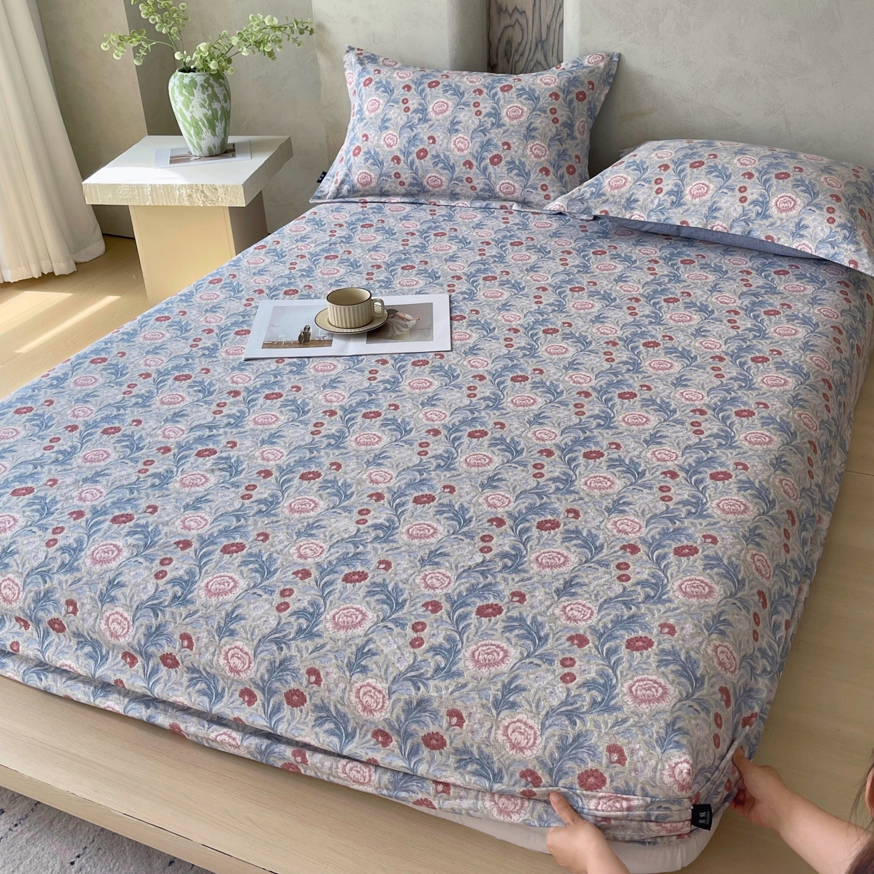 91家纺网 家纺一手货源 找家纺 梵克保罗 2025秋冬新款10A抗菌原麻床笠套件跨境外贸 繁华似锦