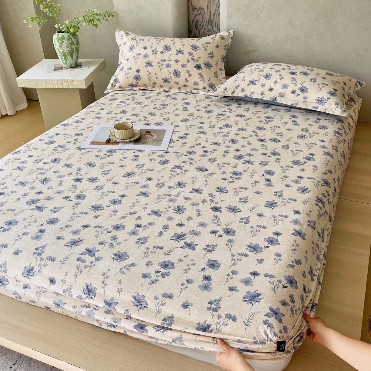 91家纺网 家纺一手货源 找家纺 梵克保罗 2025秋冬新款10A抗菌原麻床笠套件跨境外贸 水墨江南