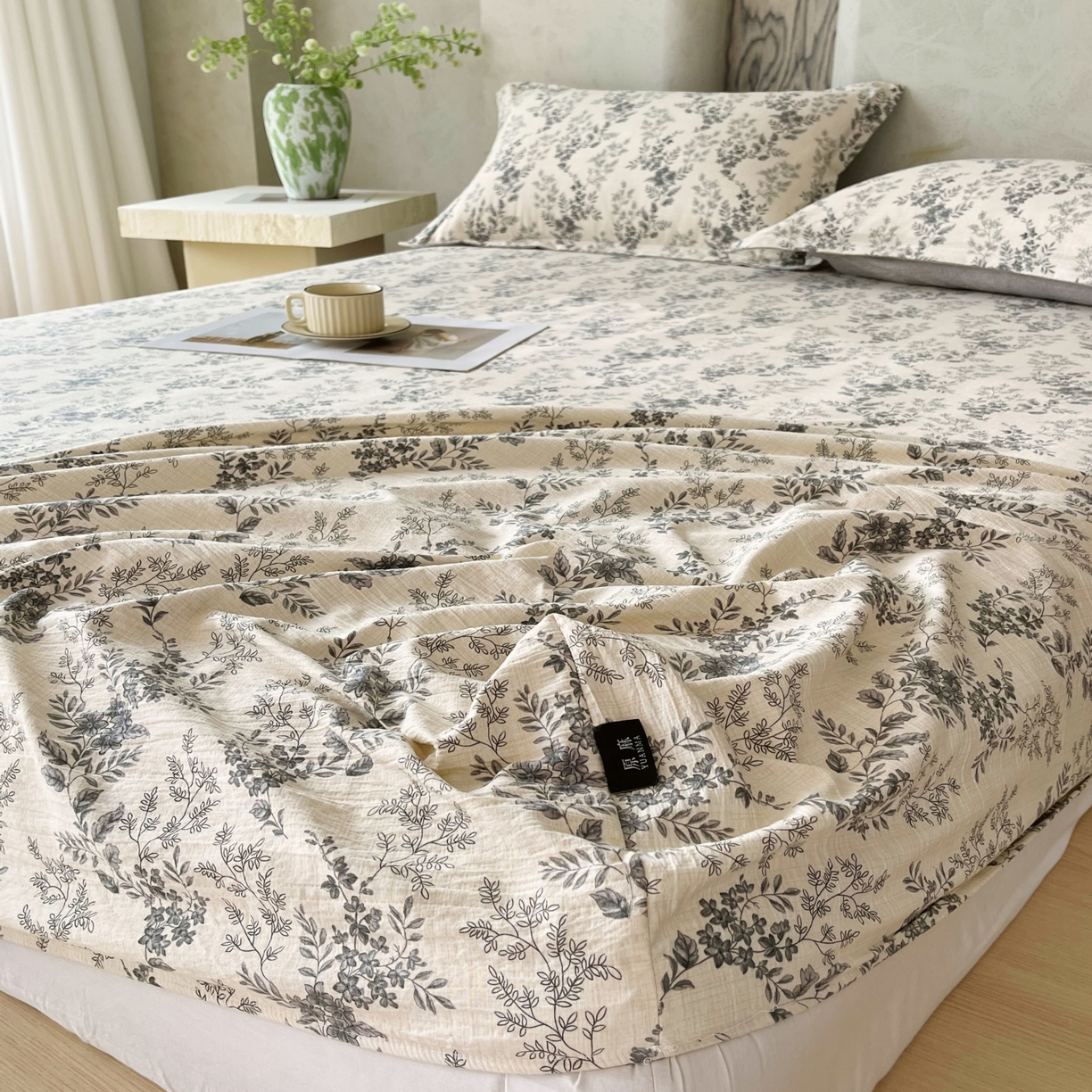 91家纺网 家纺一手货源 找家纺 梵克保罗 2025秋冬新款10A抗菌原麻床笠套件跨境外贸 灰色空间