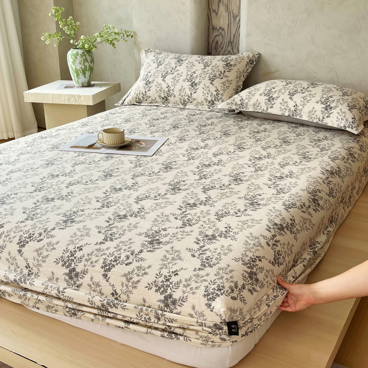 91家纺网 家纺一手货源 找家纺 梵克保罗 2025秋冬新款10A抗菌原麻床笠套件跨境外贸 灰色空间