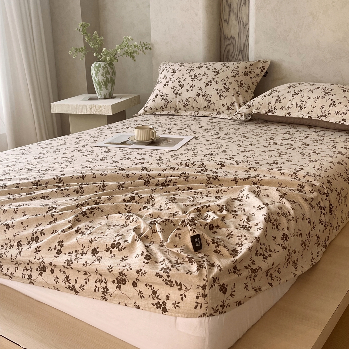 91家纺网 家纺一手货源 找家纺 梵克保罗 2025秋冬新款10A抗菌原麻床笠套件跨境外贸 花枝漫天