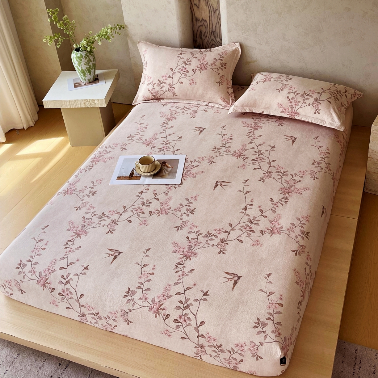 91家纺网 家纺一手货源 找家纺 梵克保罗 2025秋冬新款10A抗菌原麻床笠套件跨境外贸 雁南飞