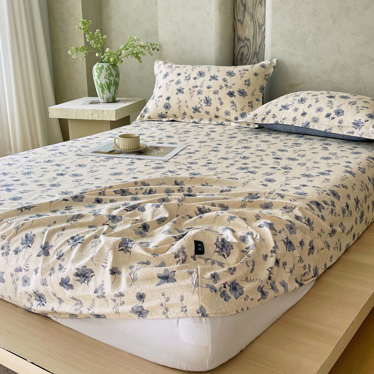 91家纺网 家纺一手货源 找家纺 梵克保罗 2025秋冬新款10A抗菌原麻床笠套件跨境外贸 水墨江南