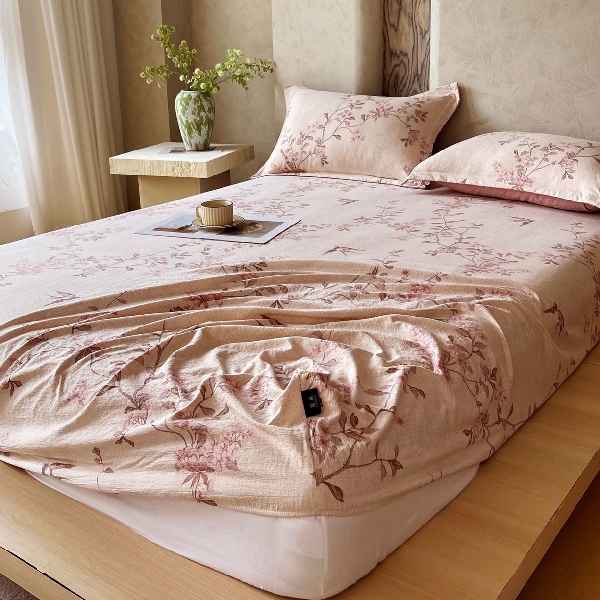 91家纺网 家纺一手货源 找家纺 梵克保罗 2025秋冬新款10A抗菌原麻床笠套件跨境外贸 雁南飞