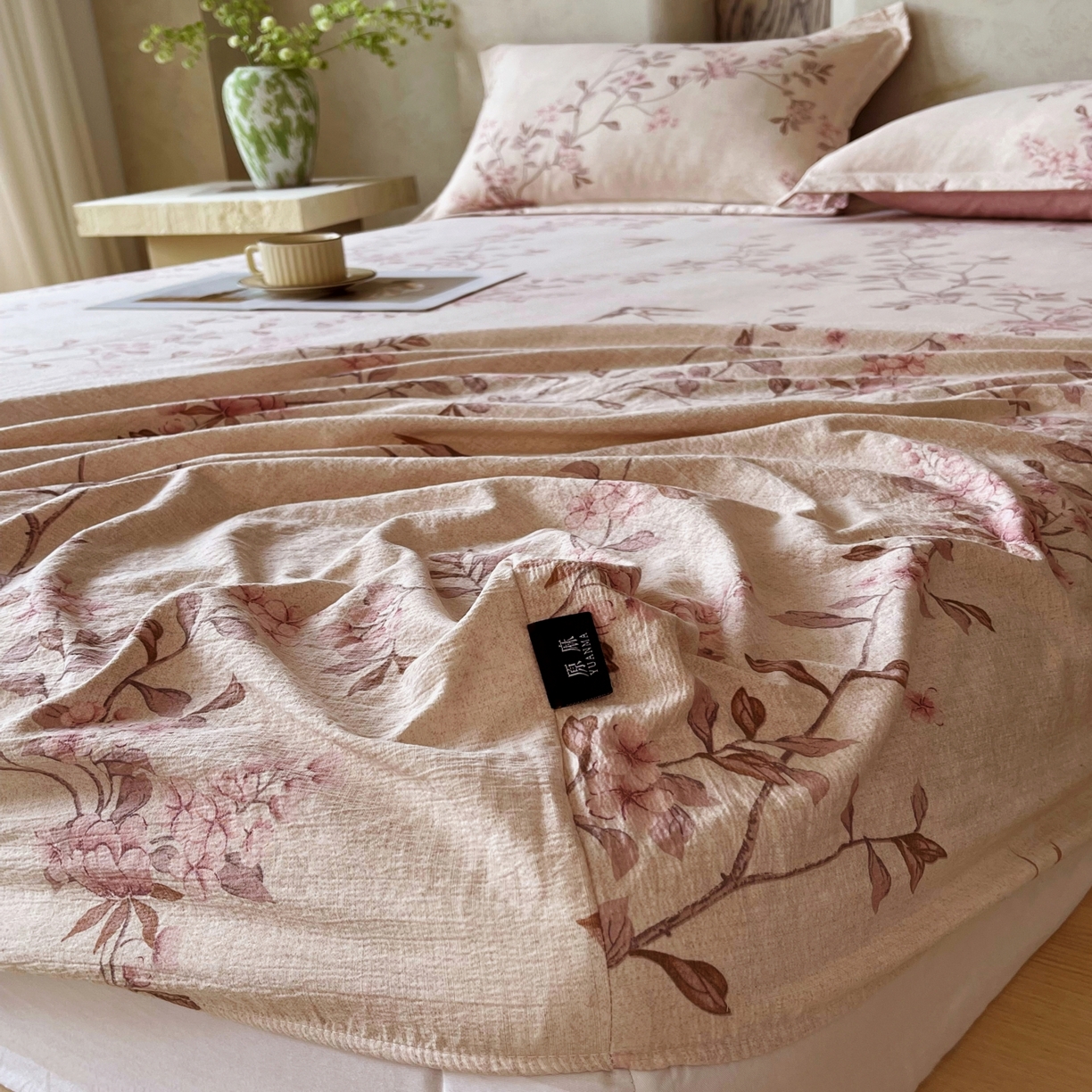 91家纺网 家纺一手货源 找家纺 梵克保罗 2025秋冬新款10A抗菌原麻床笠套件跨境外贸 雁南飞