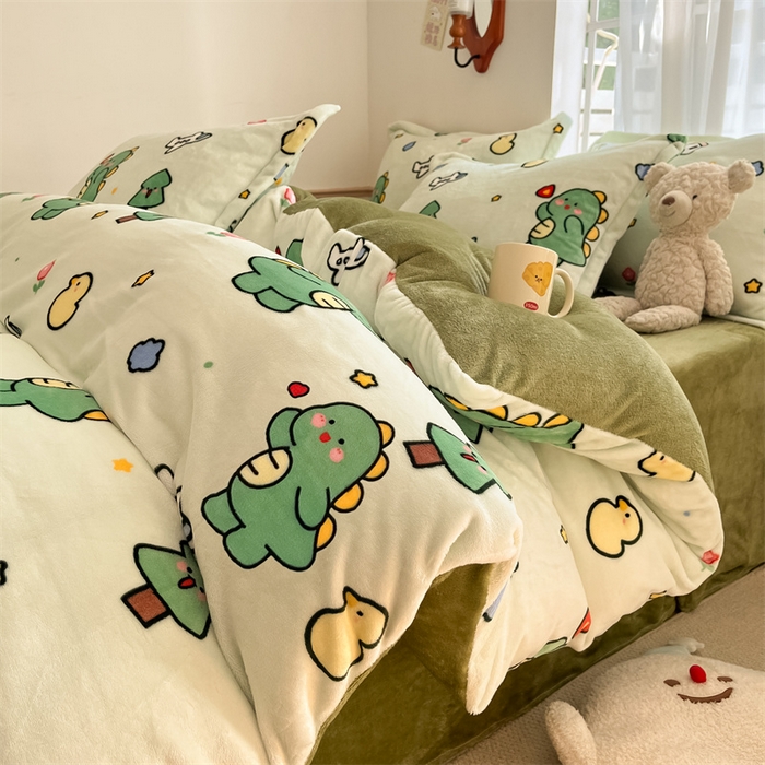 寻米 2025新款高克重加厚保暖牛奶绒四件套-第二批 恐龙森林