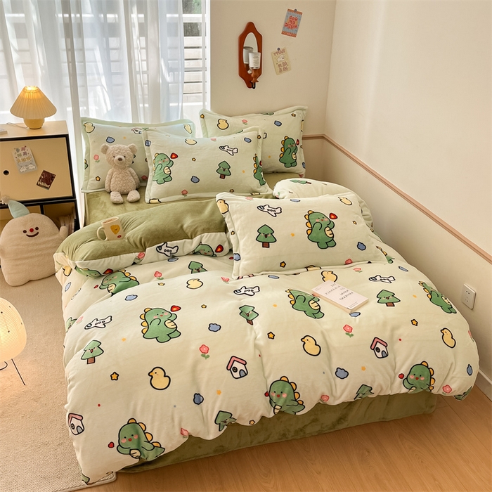 91家纺网 家纺一手货源 找家纺 寻米 2025新款高克重加厚保暖牛奶绒四件套-第二批 恐龙森林