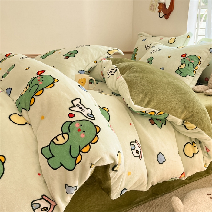 91家纺网 家纺一手货源 找家纺 寻米 2025新款高克重加厚保暖牛奶绒四件套-第二批 恐龙森林