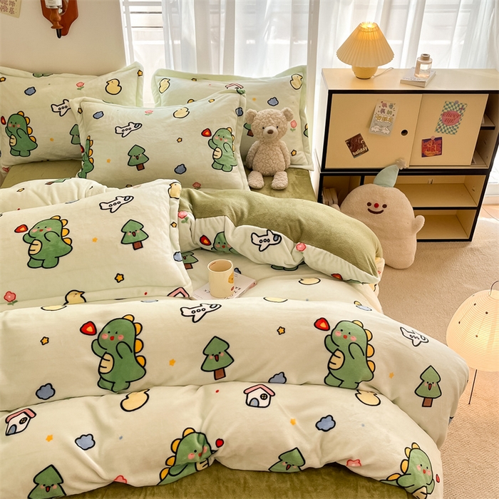 91家纺网 家纺一手货源 找家纺 寻米 2025新款高克重加厚保暖牛奶绒四件套-第二批 恐龙森林