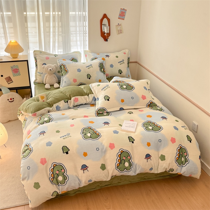 91家纺网 家纺一手货源 找家纺 寻米 2025新款高克重加厚保暖牛奶绒四件套-第二批 恐龙星球