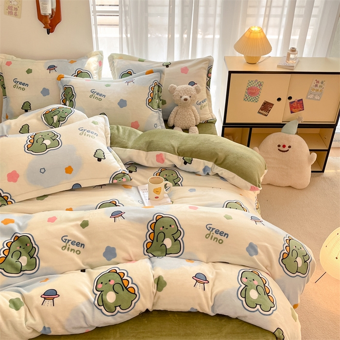 91家纺网 家纺一手货源 找家纺 寻米 2025新款高克重加厚保暖牛奶绒四件套-第二批 恐龙星球