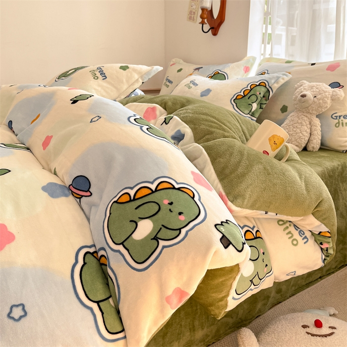 91家纺网 家纺一手货源 找家纺 寻米 2025新款高克重加厚保暖牛奶绒四件套-第二批 恐龙星球