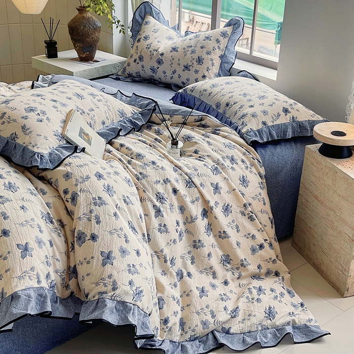 91家纺网 家纺一手货源 找家纺 梵克保罗 2025秋冬新品10A抗菌原麻荷叶边床单款三件套四件套 水墨江南