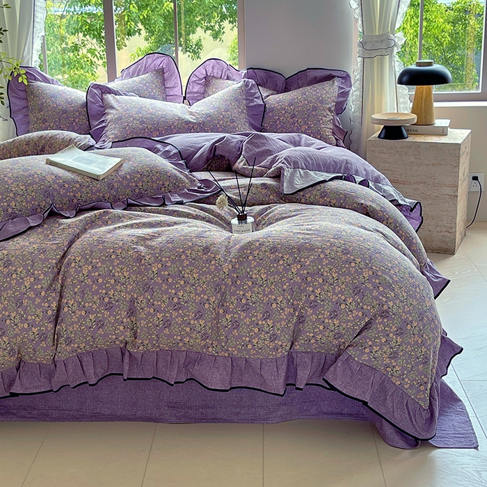 91家纺网 家纺一手货源 找家纺 梵克保罗 2025秋冬新品10A抗菌原麻荷叶边床单款三件套四件套 甜蜜紫园