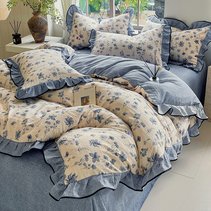 91家纺网 家纺一手货源 找家纺 梵克保罗 2025秋冬新品10A抗菌原麻荷叶边床单款三件套四件套 水墨江南