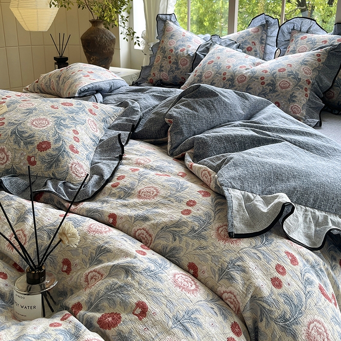 91家纺网 家纺一手货源 找家纺 梵克保罗 2025秋冬新品10A抗菌原麻荷叶边床单款三件套四件套 繁花似锦