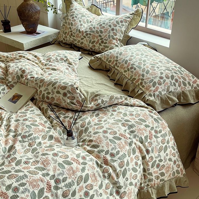 91家纺网 家纺一手货源 找家纺 梵克保罗 2025秋冬新品10A抗菌原麻荷叶边床单款三件套四件套 绿野仙踪