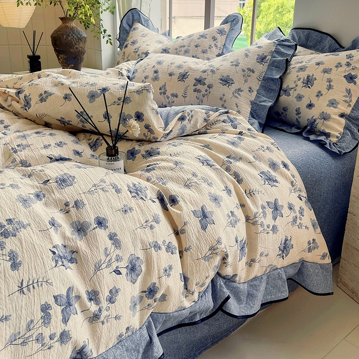 91家纺网 家纺一手货源 找家纺 梵克保罗 2025秋冬新品10A抗菌原麻荷叶边床单款三件套四件套 水墨江南