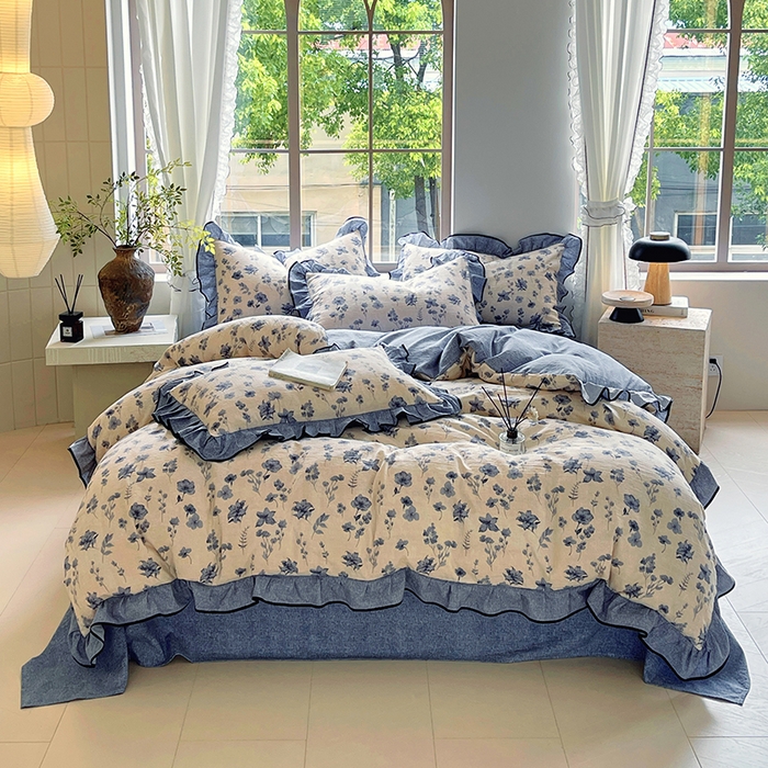 梵克保罗 2025秋冬新品10A抗菌原麻荷叶边床单款三件套四件套 水墨江南