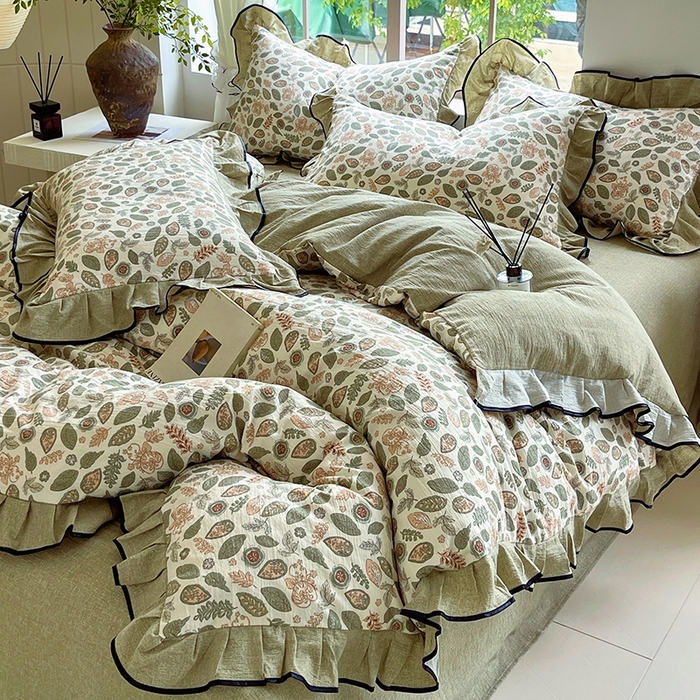 91家纺网 家纺一手货源 找家纺 梵克保罗 2025秋冬新品10A抗菌原麻荷叶边床单款三件套四件套 绿野仙踪