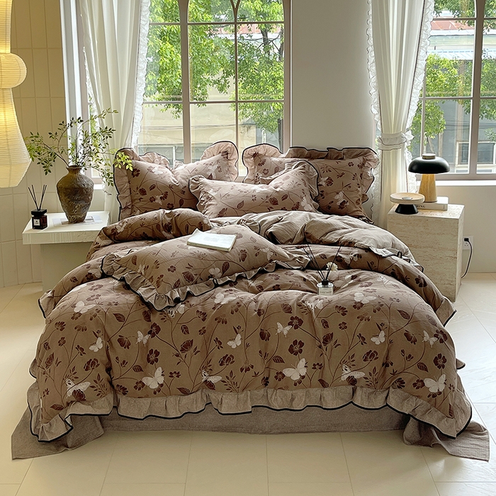 梵克保罗 2025秋冬新品10A抗菌原麻荷叶边床单款三件套四件套 秋风落叶