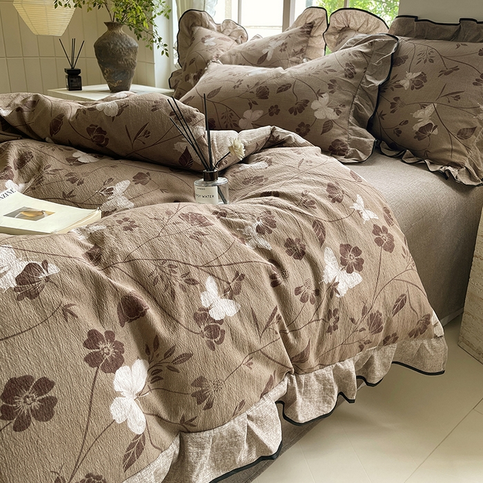 91家纺网 家纺一手货源 找家纺 梵克保罗 2025秋冬新品10A抗菌原麻荷叶边床单款三件套四件套 秋风落叶