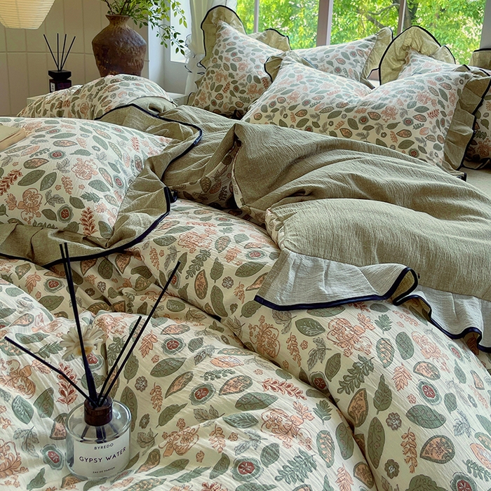 91家纺网 家纺一手货源 找家纺 梵克保罗 2025秋冬新品10A抗菌原麻荷叶边床单款三件套四件套 绿野仙踪