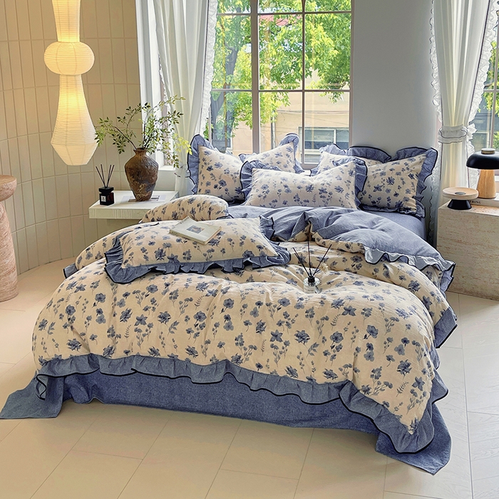 91家纺网 家纺一手货源 找家纺 梵克保罗 2025秋冬新品10A抗菌原麻荷叶边床单款三件套四件套 水墨江南