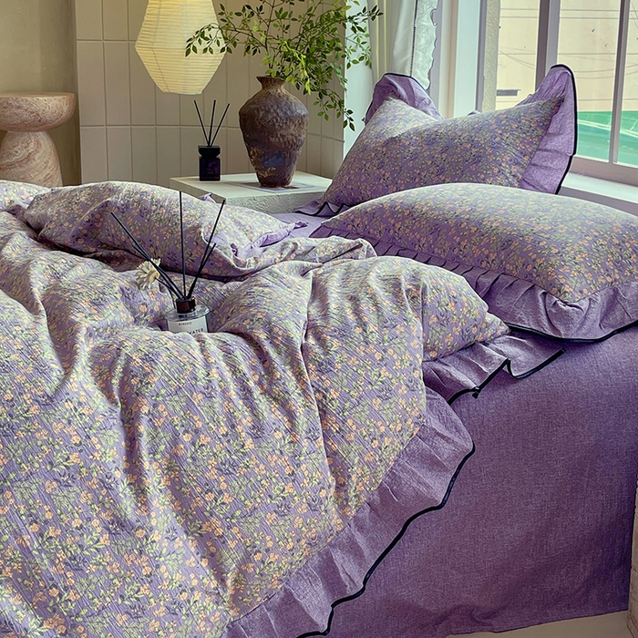 91家纺网 家纺一手货源 找家纺 梵克保罗 2025秋冬新品10A抗菌原麻荷叶边床单款三件套四件套 甜蜜紫园