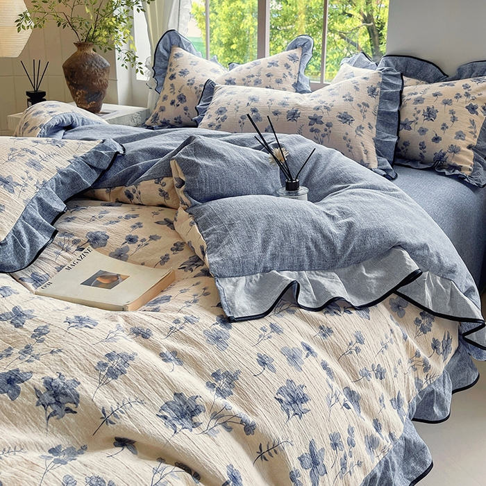 91家纺网 家纺一手货源 找家纺 梵克保罗 2025秋冬新品10A抗菌原麻荷叶边床单款三件套四件套 水墨江南