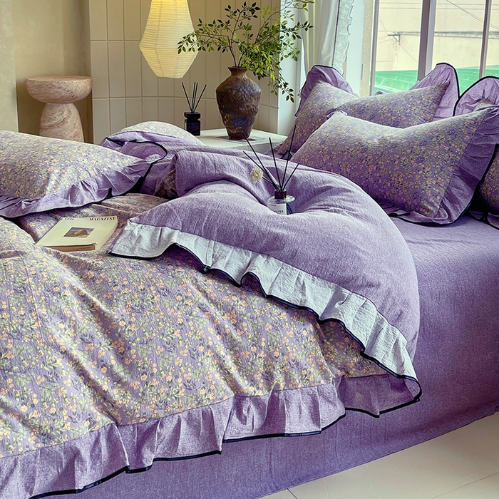 91家纺网 家纺一手货源 找家纺 梵克保罗 2025秋冬新品10A抗菌原麻荷叶边床单款三件套四件套 甜蜜紫园