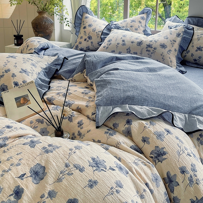 91家纺网 家纺一手货源 找家纺 梵克保罗 2025秋冬新品10A抗菌原麻荷叶边床单款三件套四件套 水墨江南