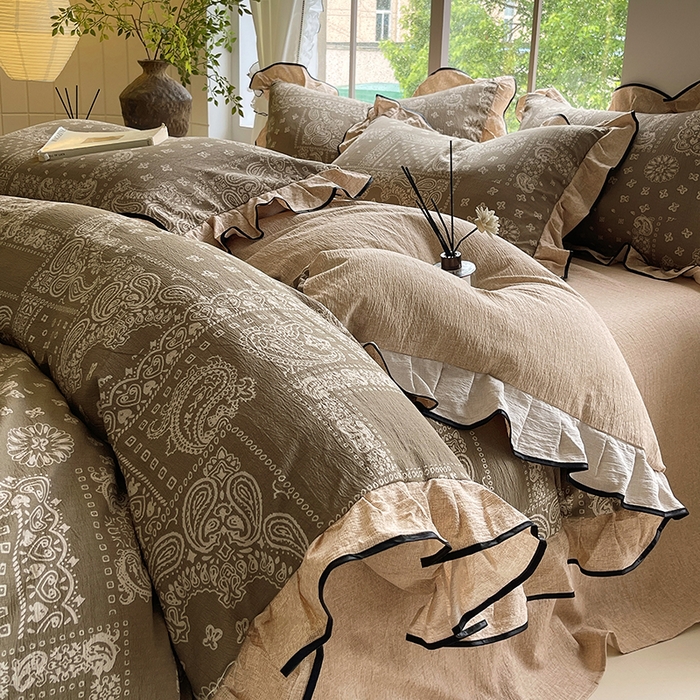 91家纺网 家纺一手货源 找家纺 梵克保罗 2025秋冬新品10A抗菌原麻荷叶边床单款三件套四件套 墨染芳华