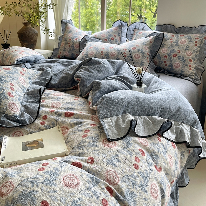 91家纺网 家纺一手货源 找家纺 梵克保罗 2025秋冬新品10A抗菌原麻荷叶边床单款三件套四件套 繁花似锦