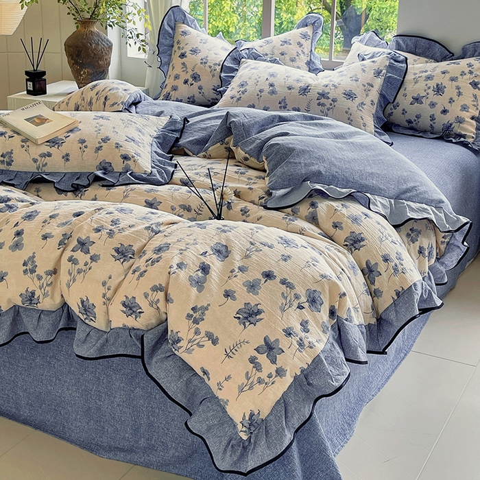 91家纺网 家纺一手货源 找家纺 梵克保罗 2025秋冬新品10A抗菌原麻荷叶边床单款三件套四件套 水墨江南