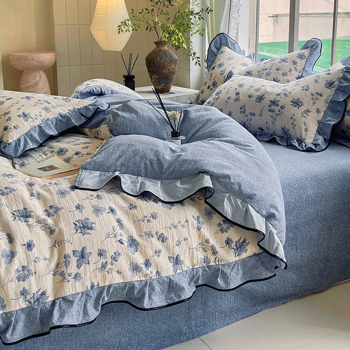 91家纺网 家纺一手货源 找家纺 梵克保罗 2025秋冬新品10A抗菌原麻荷叶边床单款三件套四件套 水墨江南