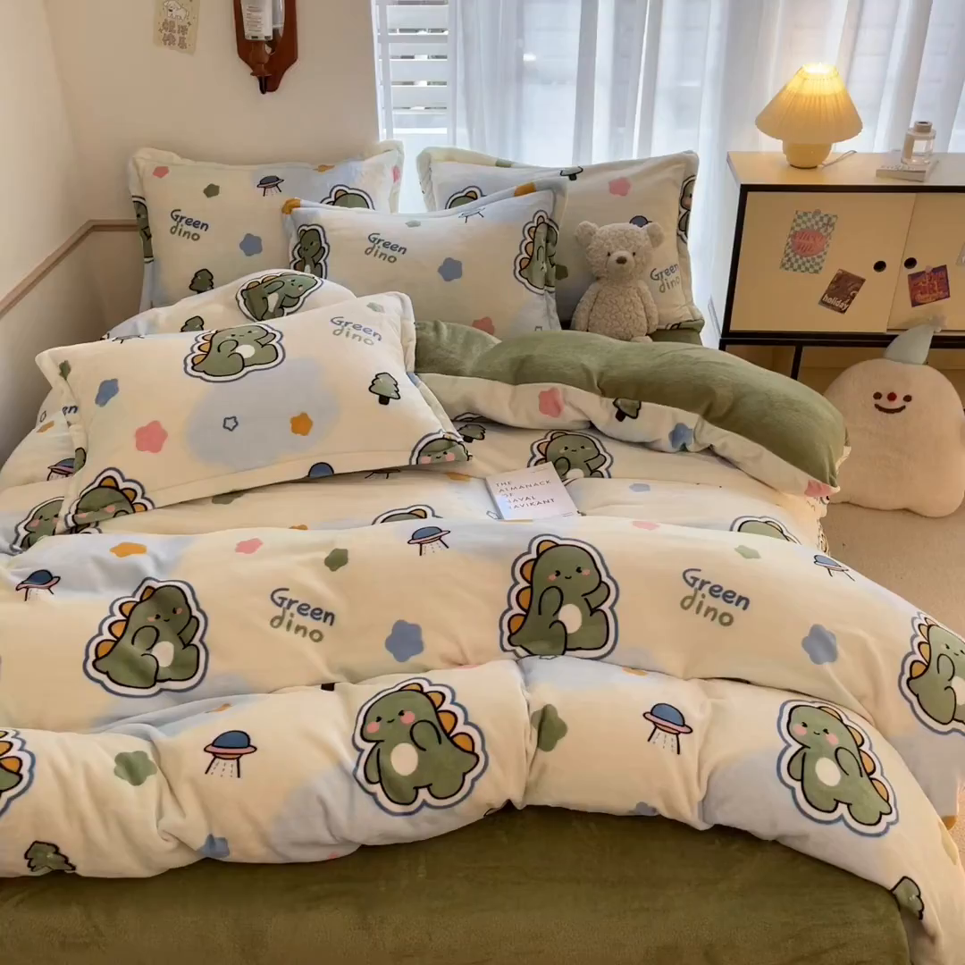 91家纺网 家纺一手货源 找家纺 寻米 2025新款高克重加厚保暖牛奶绒四件套-第二批 恐龙星球