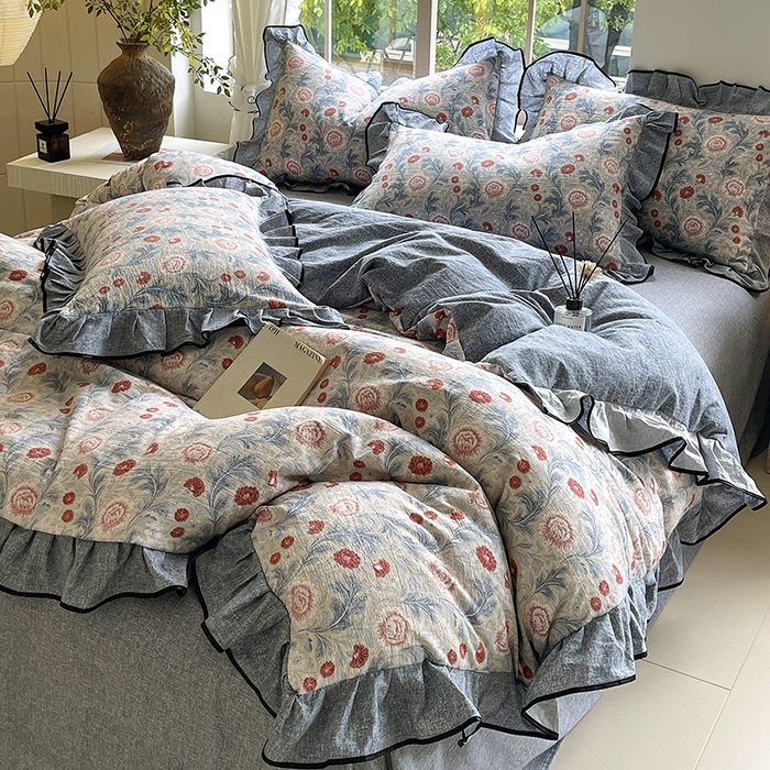 91家纺网 家纺一手货源 找家纺 梵克保罗 2025秋冬新品10A抗菌原麻荷叶边床单款三件套四件套 繁花似锦