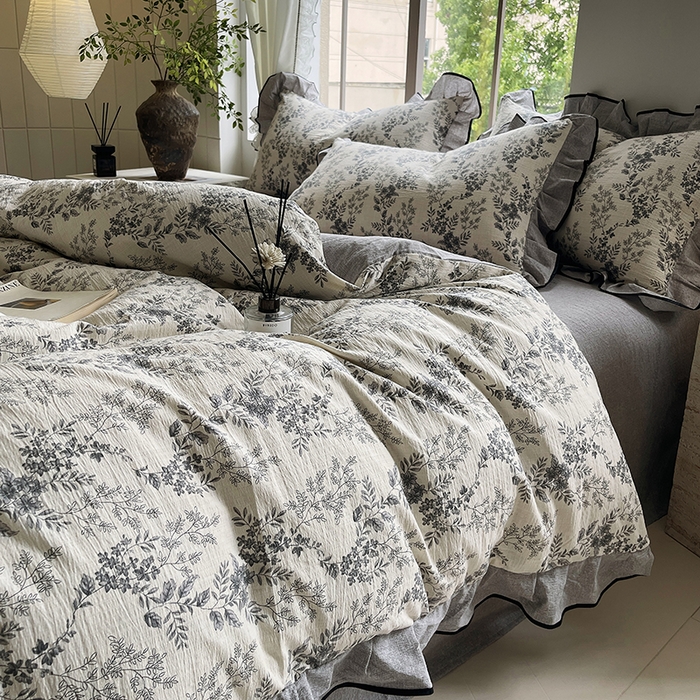 91家纺网 家纺一手货源 找家纺 梵克保罗 2025秋冬新品10A抗菌原麻荷叶边床单款三件套四件套 灰色空间