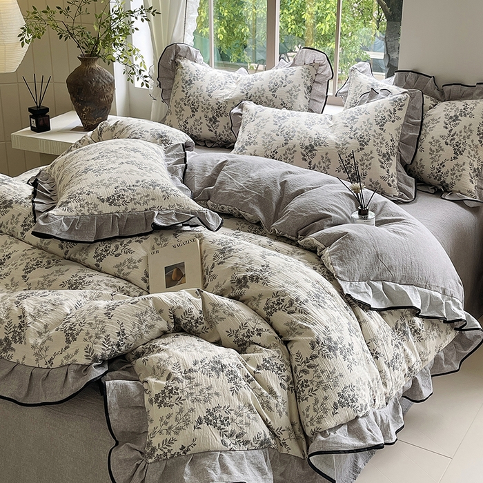 91家纺网 家纺一手货源 找家纺 梵克保罗 2025秋冬新品10A抗菌原麻荷叶边床单款三件套四件套 灰色空间