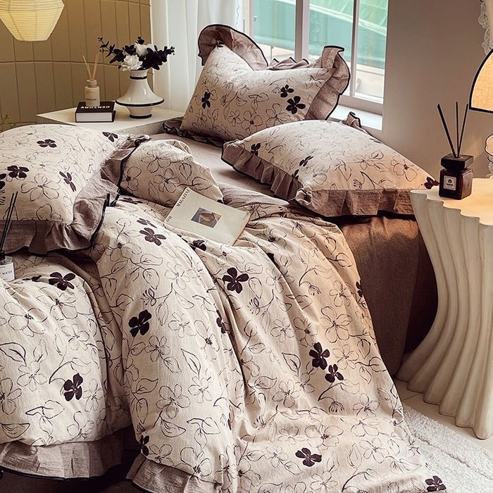 91家纺网 家纺一手货源 找家纺 梵克保罗 2025秋冬新品10A抗菌原麻荷叶边床单款三件套四件套 朝花夕拾