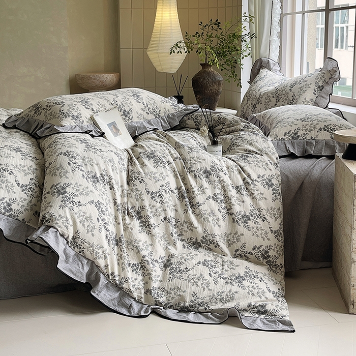 91家纺网 家纺一手货源 找家纺 梵克保罗 2025秋冬新品10A抗菌原麻荷叶边床单款三件套四件套 灰色空间