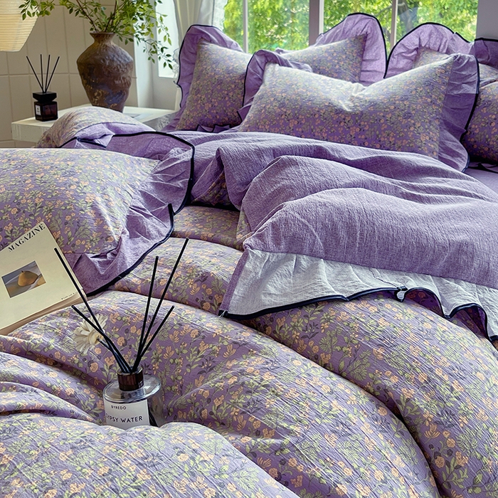 91家纺网 家纺一手货源 找家纺 梵克保罗 2025秋冬新品10A抗菌原麻荷叶边床单款三件套四件套 甜蜜紫园