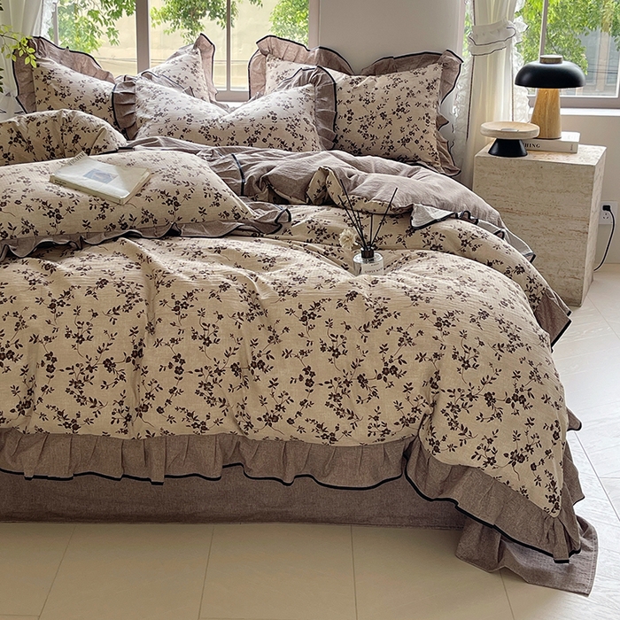 91家纺网 家纺一手货源 找家纺 梵克保罗 2025秋冬新品10A抗菌原麻荷叶边床单款三件套四件套 花枝漫天