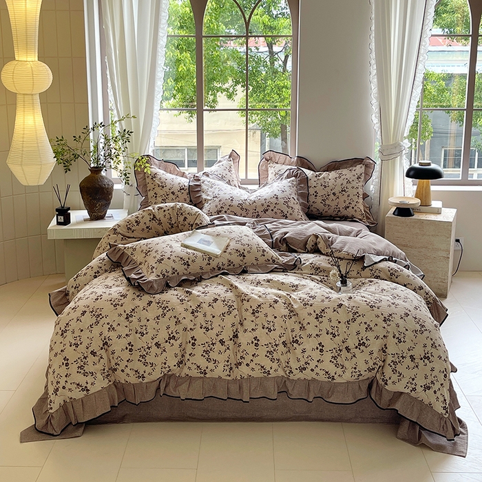 梵克保罗 2025秋冬新品10A抗菌原麻荷叶边床单款三件套四件套 花枝漫天