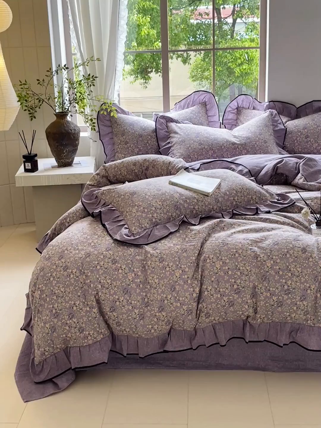 91家纺网 家纺一手货源 找家纺 梵克保罗 2025秋冬新品10A抗菌原麻荷叶边床单款三件套四件套 甜蜜紫园