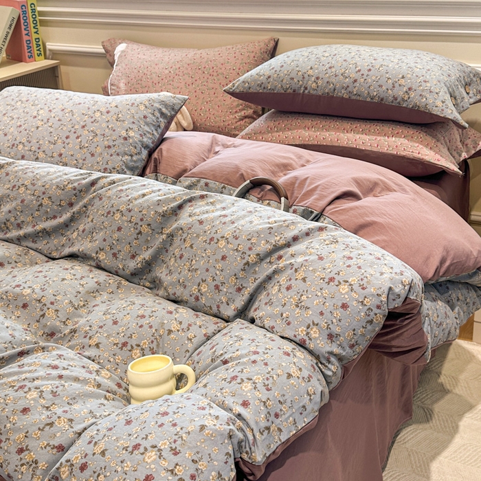 91家纺网 家纺一手货源 找家纺 爱彼家纺 2025新款中古风亚麻水洗棉四件套-玫瑰系列-纽扣款 玫瑰-碎花漫语