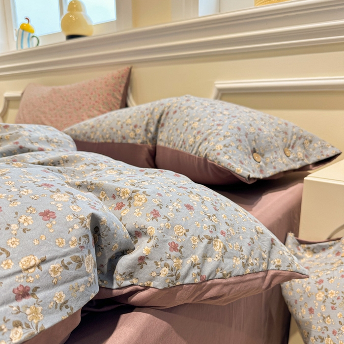 91家纺网 家纺一手货源 找家纺 爱彼家纺 2025新款中古风亚麻水洗棉四件套-玫瑰系列-纽扣款 玫瑰-碎花漫语