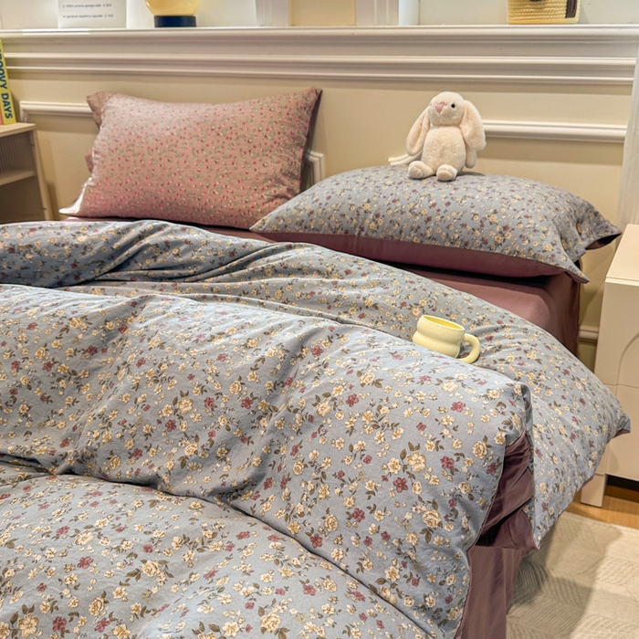 91家纺网 家纺一手货源 找家纺 （总）爱彼家纺 2025新款中古风亚麻水洗棉四件套-玫瑰系列-纽扣款