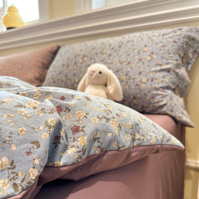 91家纺网 家纺一手货源 找家纺 （总）爱彼家纺 2025新款中古风亚麻水洗棉四件套-玫瑰系列-纽扣款